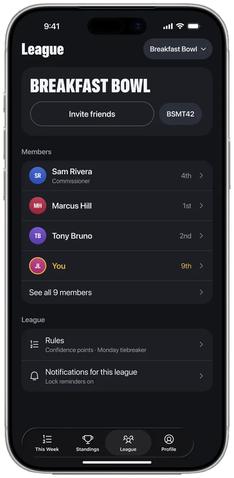 The Breakfast Bowl league screen with its invite code, members and rules