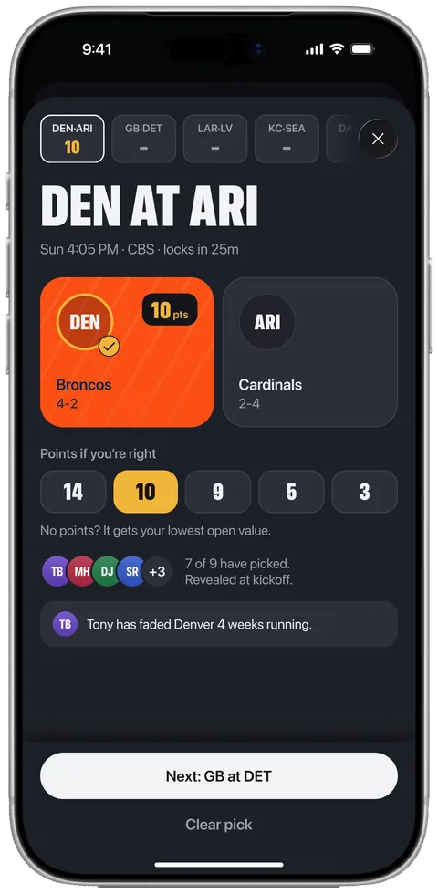 The pick sheet: Broncos picked over the Cardinals for 10 points, with the numbers still open below