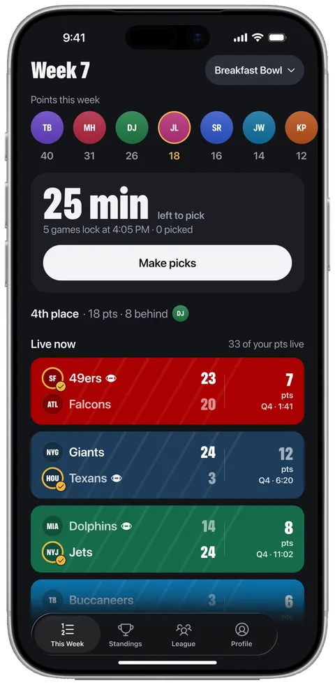 Sidelyn’s This Week screen on game day, with live game cards and your points